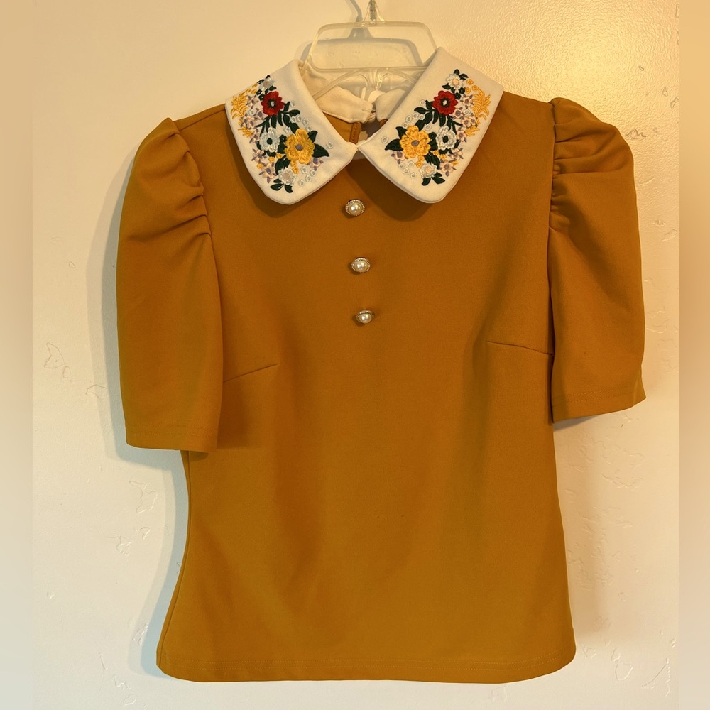 Mustard Yellow Peter Pan Collar Blouse with Embroidery